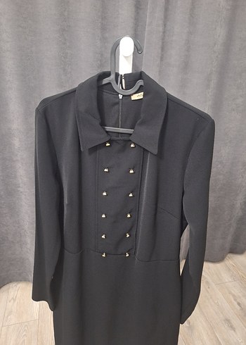 Düğmeli Siyah Midi Kadın Klasik Ofis elbise - Görsel 2