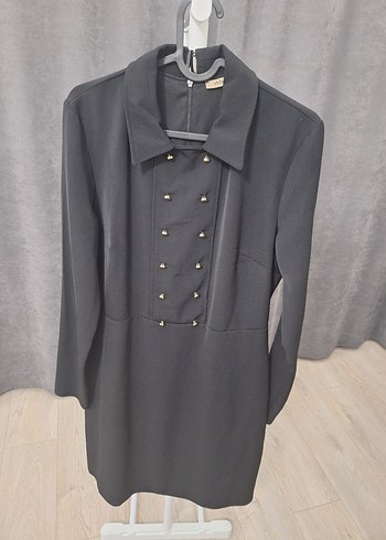 Düğmeli Siyah Midi Kadın Klasik Ofis elbise - Görsel 3