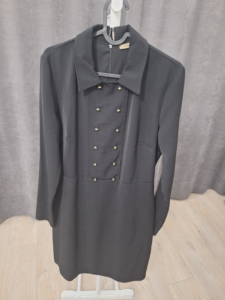 Düğmeli Siyah Midi Kadın Klasik Ofis elbise - Görsel 3