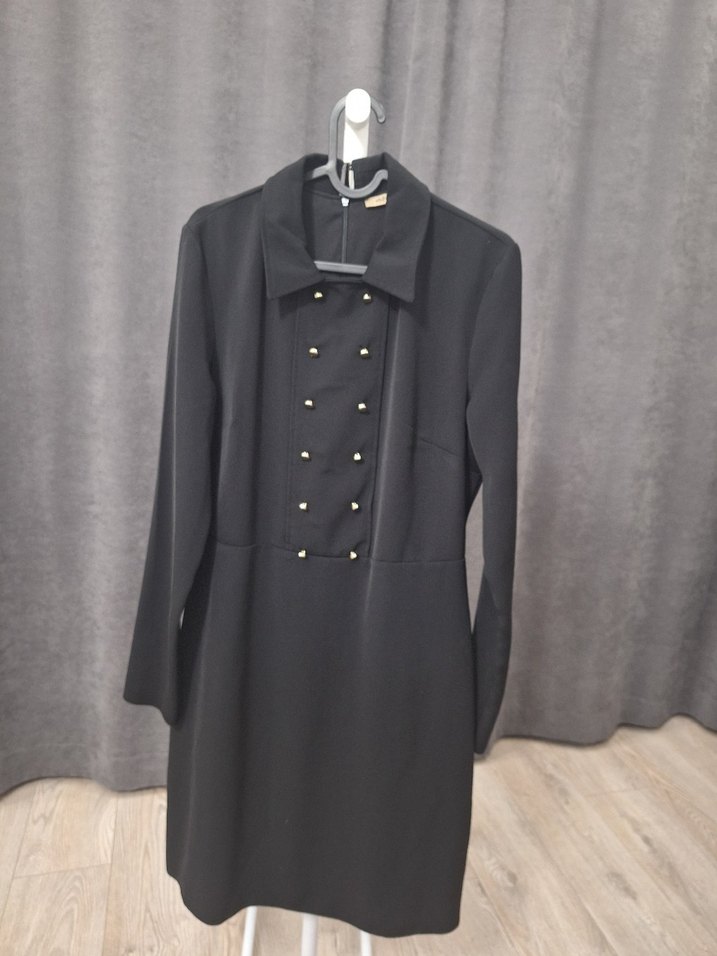 Düğmeli Siyah Midi Kadın Klasik Ofis elbise - Görsel 5