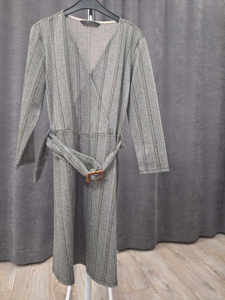 Gri Çizgili V Yaka Kemerli Mini Elbise - Görsel 2