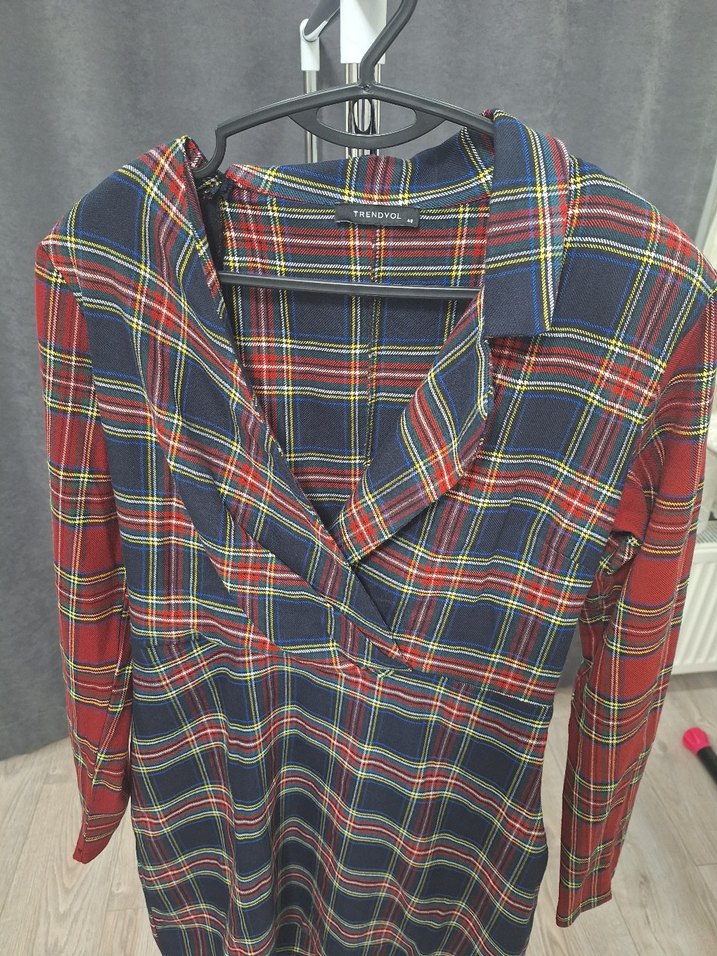 Düğmeli Çok Renkli Kareli Midi Kadın Gömlek elbise - Görsel 2