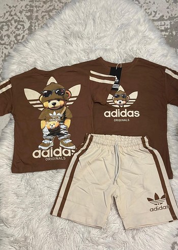 erkek Çocuk Kahverengi Adidas Baskılı Tişört ve Şort Takım