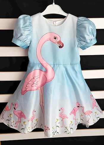 4 Yaş Beden Pembe Flamingo Desenli Kız Çocuk Elbise