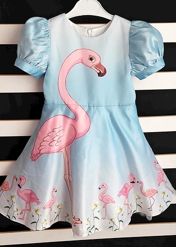 Diğer Pembe Flamingo Desenli Kız Çocuk Elbise