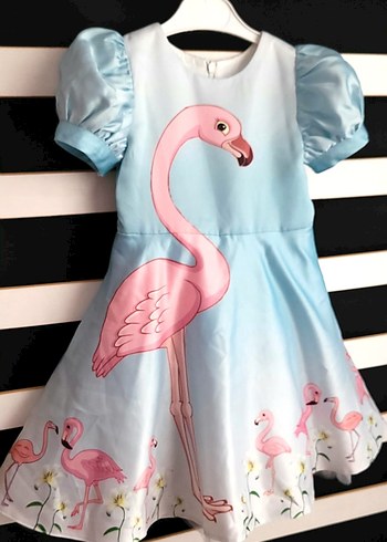 Pembe Flamingo Desenli Kız Çocuk Elbise