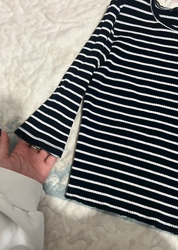 Kız Çocuk Siyah Beyaz Çizgili Uzun Kollu Triko - Görsel 2