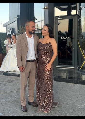 Işıltılı Kahverengi Uzun Abiye Elbise