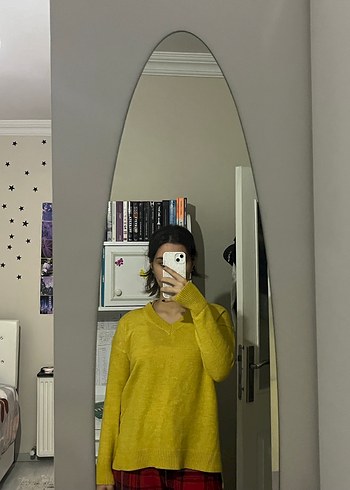 Sarı V Yaka Salaş Triko Kazak - Görsel 2