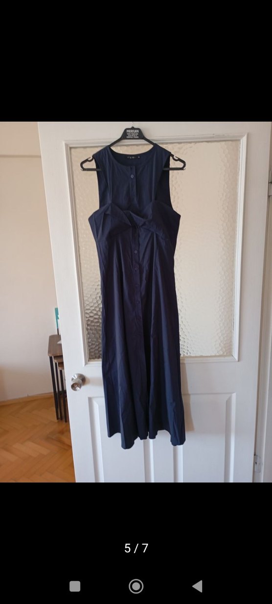 Lacivert Drapeli Uzun Kadın Elbise - Görsel 4