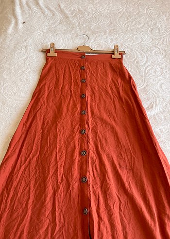 Düğmeli Kiremit Midi Etek - Görsel 3