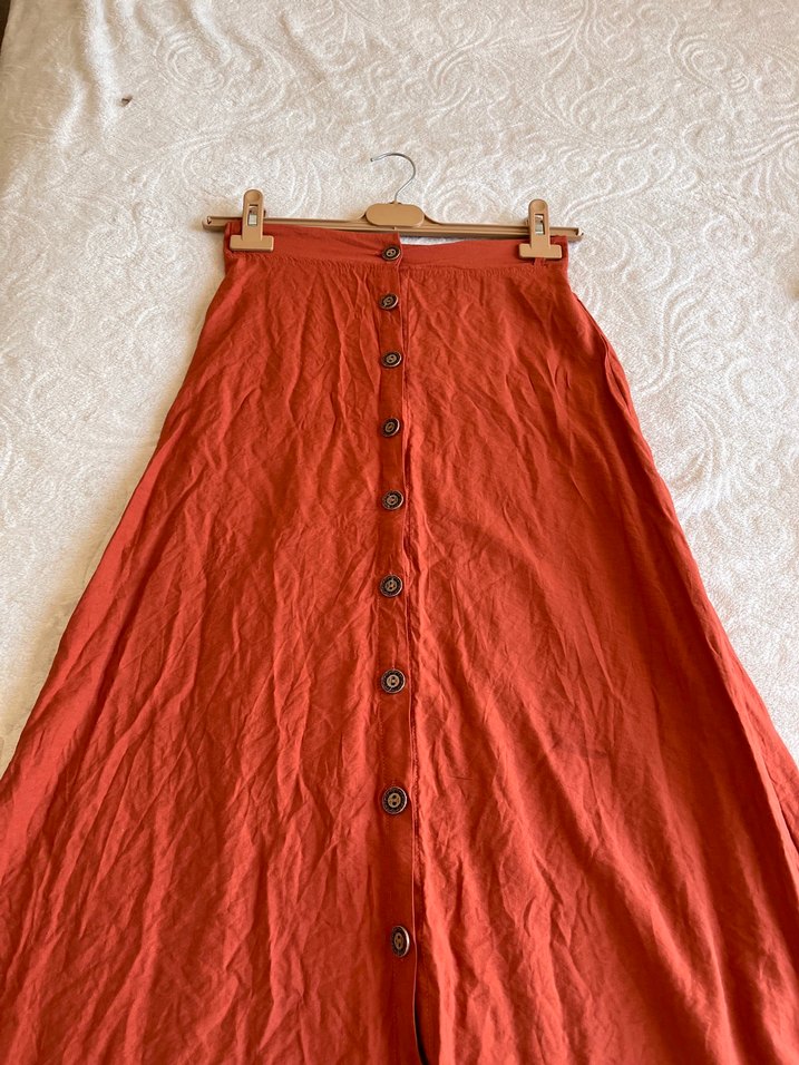 Düğmeli Kiremit Midi Etek - Görsel 3