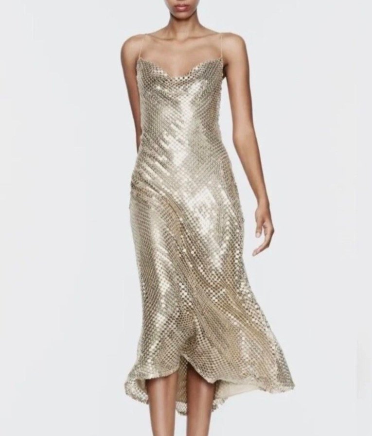 zara gold elbise - Görsel 5