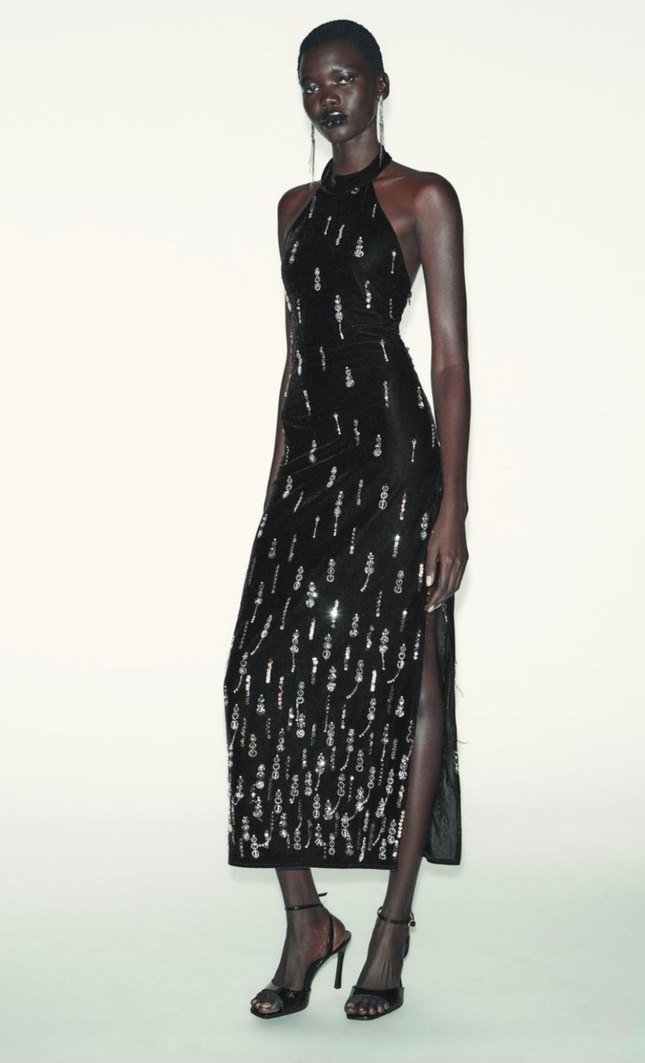 zara taşlı kadife elbise - Görsel 3