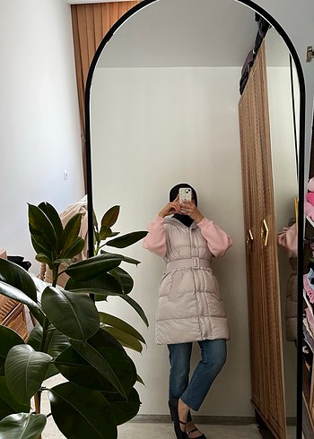 Pembe Gri Midi Kadın Şişme Mont - Görsel 2