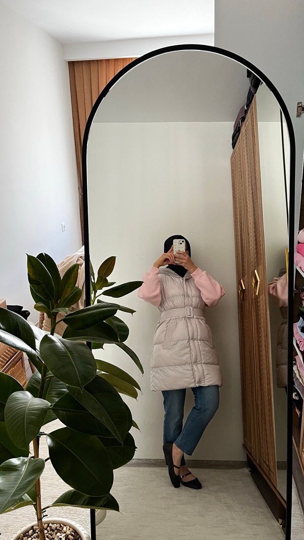 Pembe Gri Midi Kadın Şişme Mont - Görsel 2