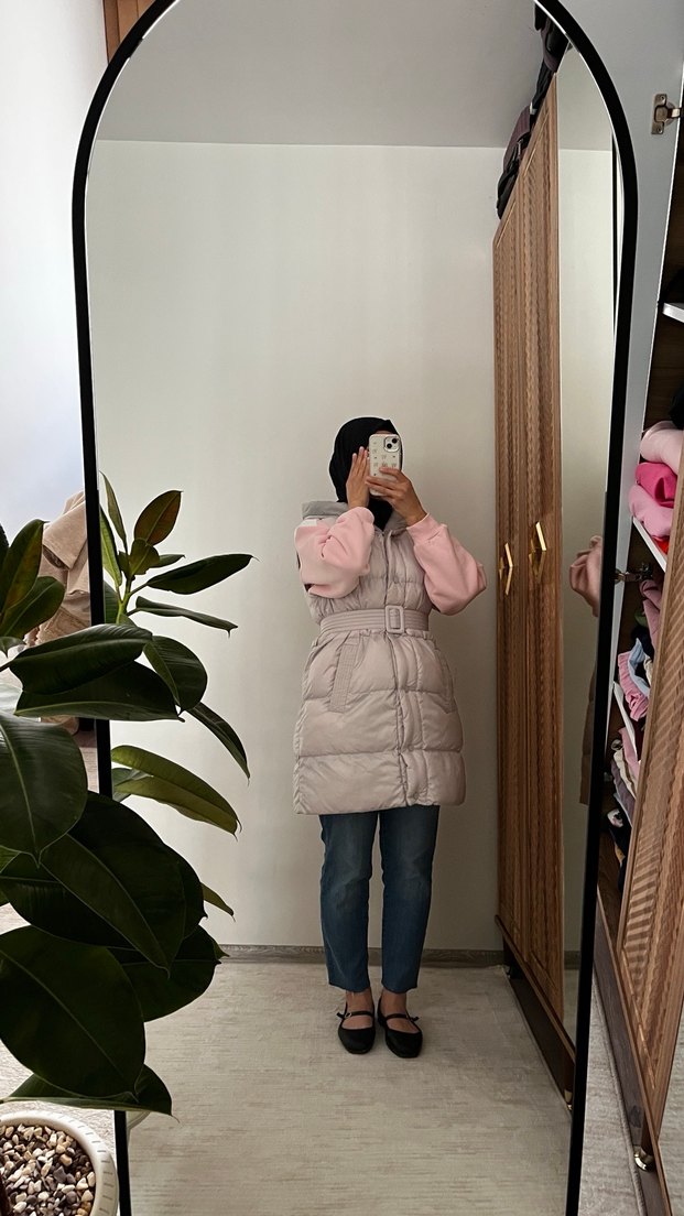 Pembe Gri Midi Kadın Şişme Mont - Görsel 3