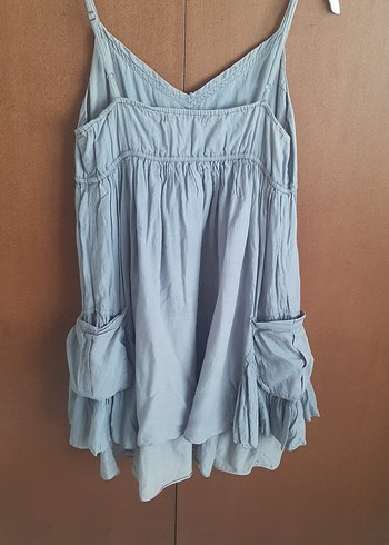 Mavi V Yakalı Keten Midi Elbise - Görsel 5