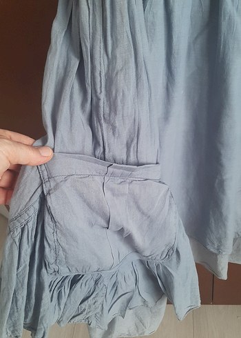 Mavi V Yakalı Keten Midi Elbise - Görsel 3