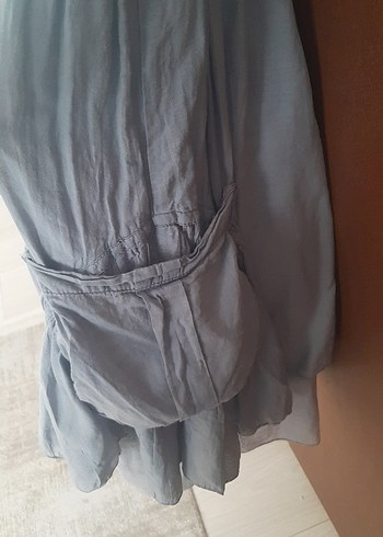 Mavi V Yakalı Keten Midi Elbise - Görsel 4