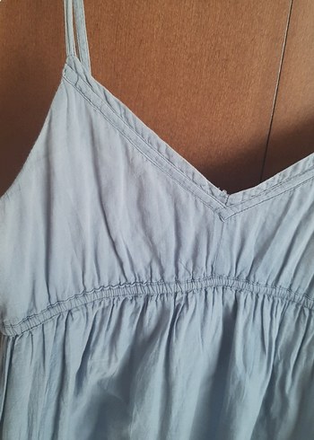 Mavi V Yakalı Keten Midi Elbise - Görsel 2