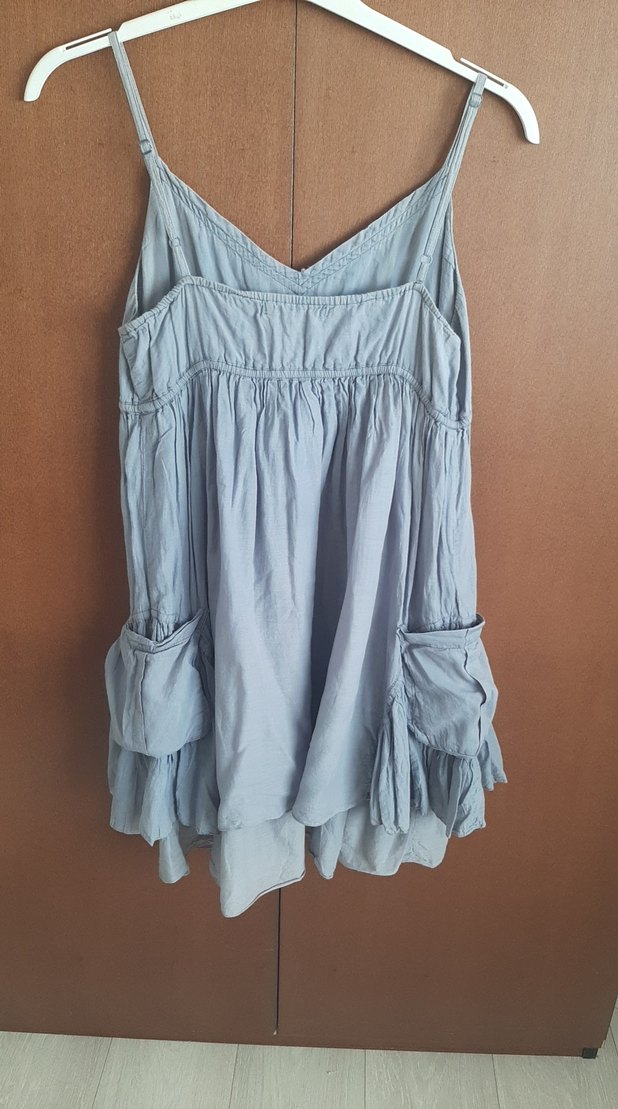 Mavi V Yakalı Keten Midi Elbise - Görsel 5