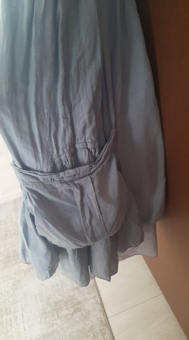 Mavi V Yakalı Keten Midi Elbise - Görsel 4