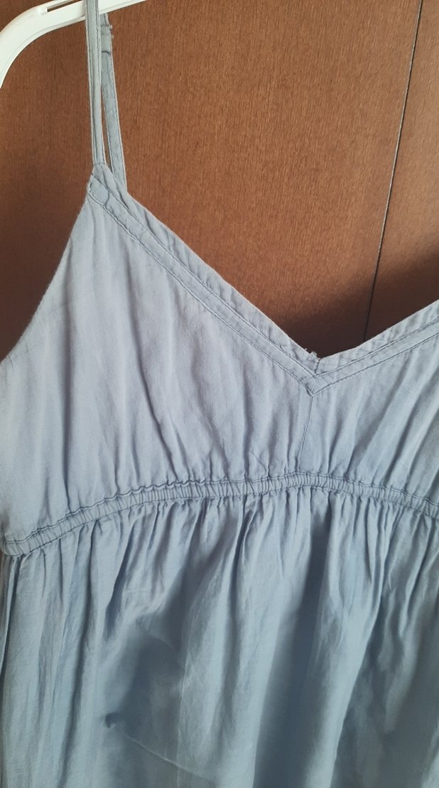 Mavi V Yakalı Keten Midi Elbise - Görsel 2