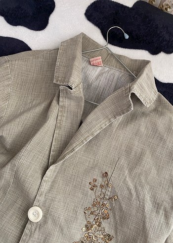 m Beden Düğmeli Bej Keten Kadın Blazer Ceket