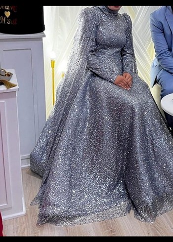 Gri Uzun Kollu Drapeli Abiye Elbise - Görsel 2