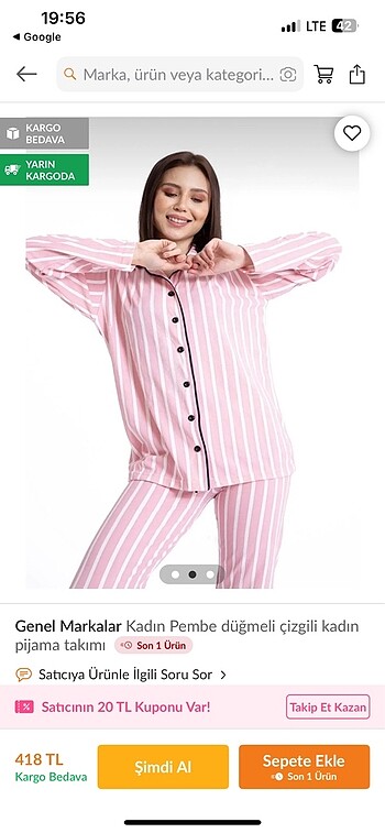 Pembe çizgili pijama takımı