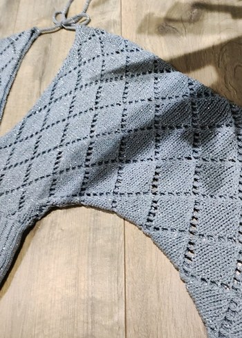 Gri V Yaka Örgü Kadın bluz - Görsel 2