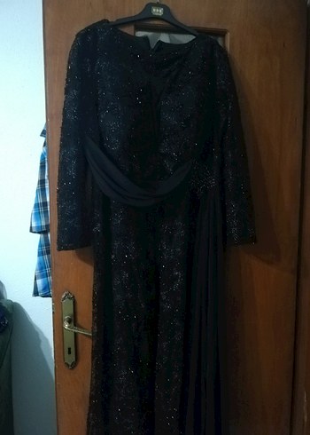 Abiye Uzun Kollu Siyah Drape Detaylı Uzun Abiye Elbise
