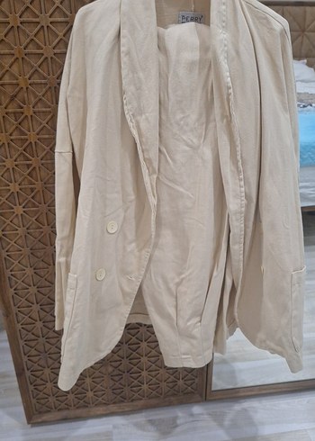 Bej Uzun Kesim Keten Kadın Blazer pantolon takım. - Görsel 2