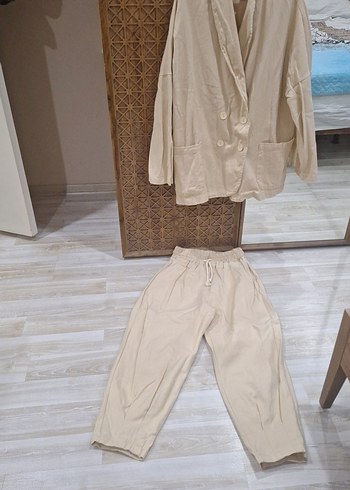 Bej Uzun Kesim Keten Kadın Blazer pantolon takım. - Görsel 12