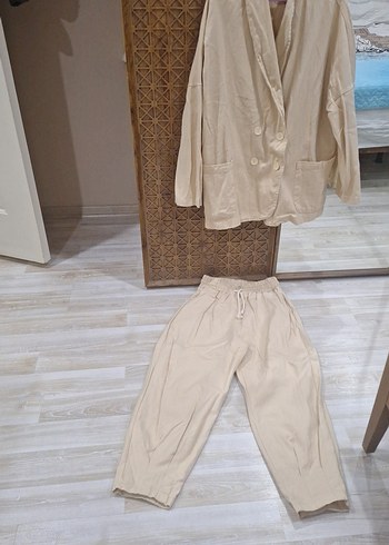 Bej Uzun Kesim Keten Kadın Blazer pantolon takım. - Görsel 10
