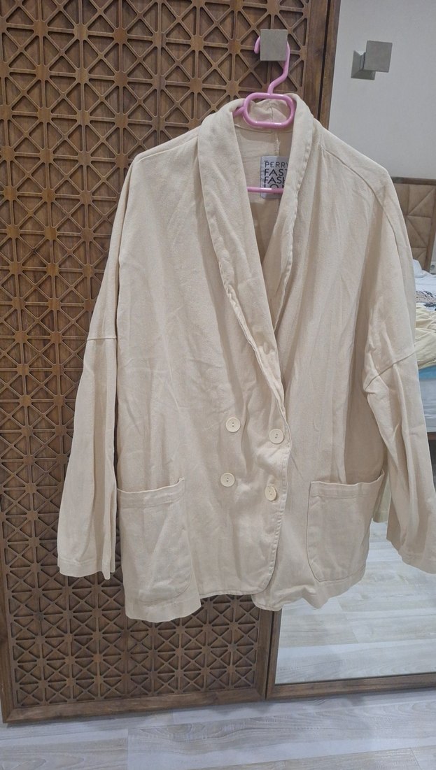 Bej Uzun Kesim Keten Kadın Blazer pantolon takım. - Görsel 3