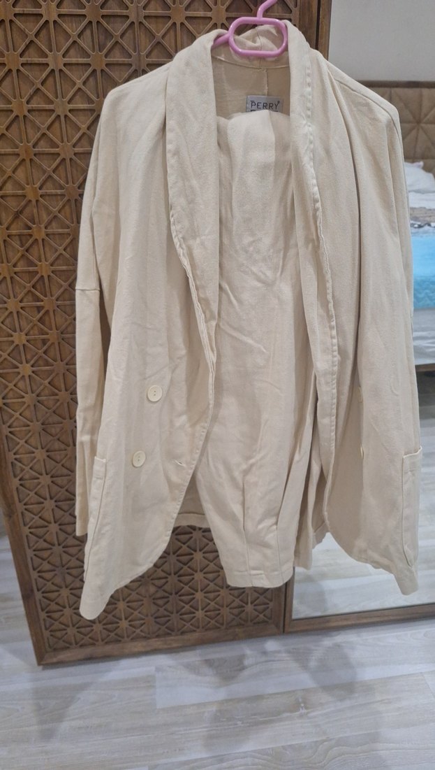 Bej Uzun Kesim Keten Kadın Blazer pantolon takım. - Görsel 2