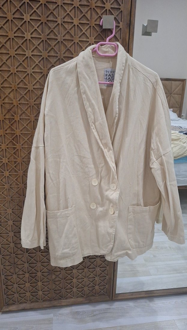 Bej Uzun Kesim Keten Kadın Blazer pantolon takım. - Görsel 5