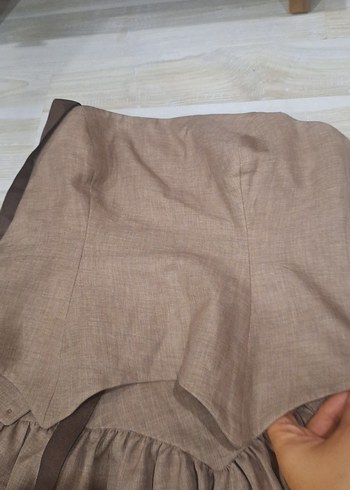 Bej Keten Uzun Drapeli Straplez Elbise - Görsel 20