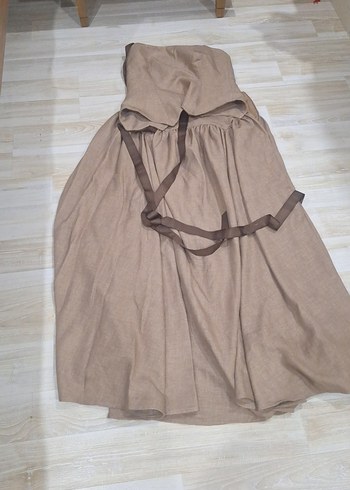 Bej Keten Uzun Drapeli Straplez Elbise - Görsel 17