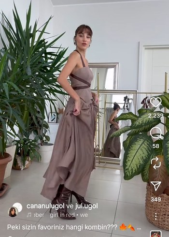 Bej Keten Uzun Drapeli Straplez Elbise - Görsel 9