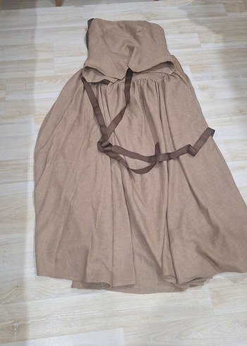 Bej Keten Uzun Drapeli Straplez Elbise - Görsel 18