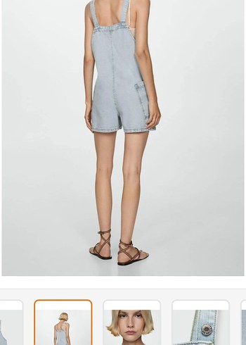 buz mavisi Jean Mini Askılı Şort Tulum - Görsel 4