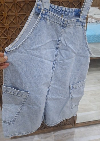 buz mavisi Jean Mini Askılı Şort Tulum - Görsel 13