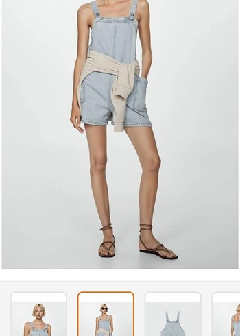 buz mavisi Jean Mini Askılı Şort Tulum - Görsel 2