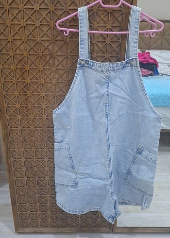 buz mavisi Jean Mini Askılı Şort Tulum - Görsel 8