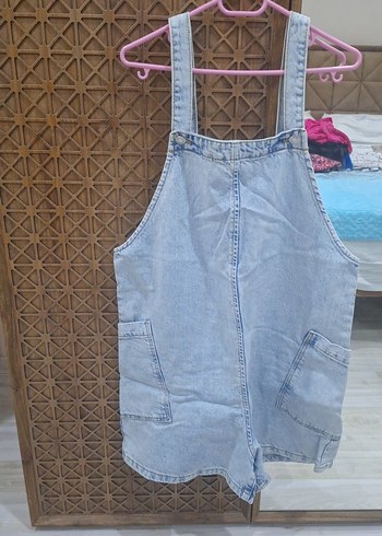 buz mavisi Jean Mini Askılı Şort Tulum - Görsel 9