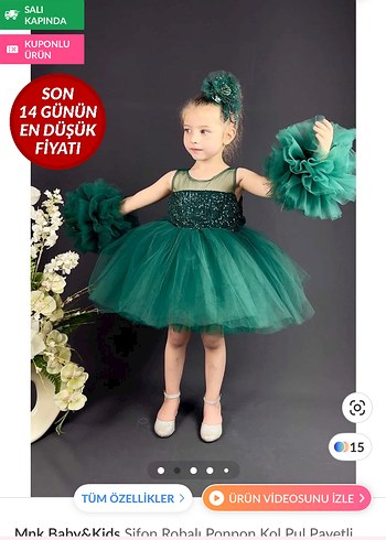 Yeşil Straplez Uzun Kollu Fırfırlı Kız Çocuk Elbise - Görsel 4