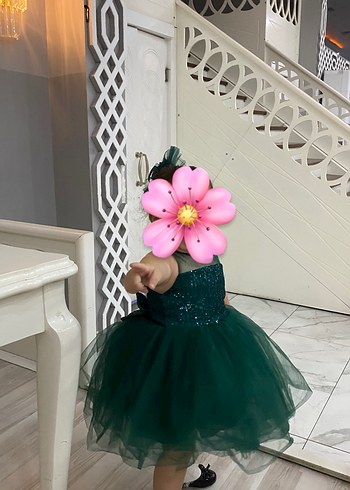 Yeşil Straplez Uzun Kollu Fırfırlı Kız Çocuk Elbise - Görsel 2